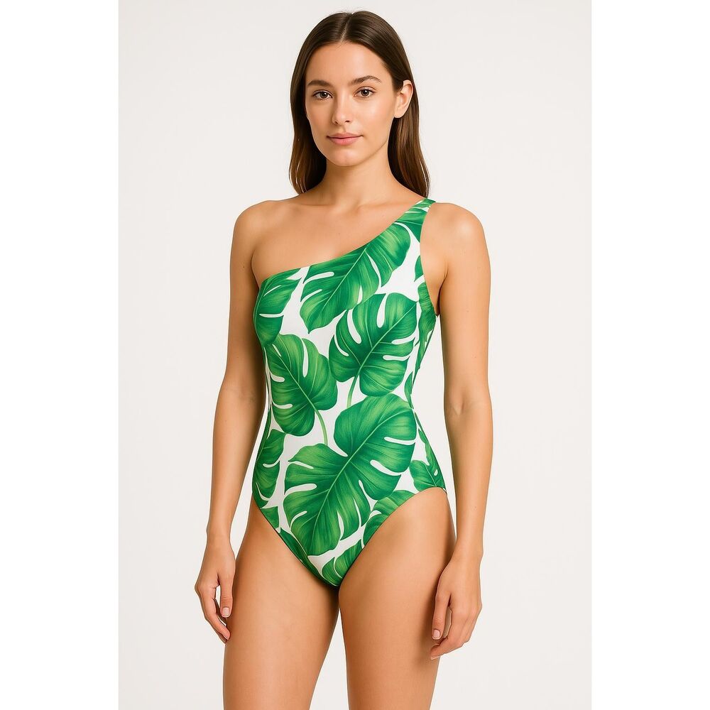 NWT Palm Leaf Swimsuit Womens Small Onepiece Bathing One-shoulder Green Beach